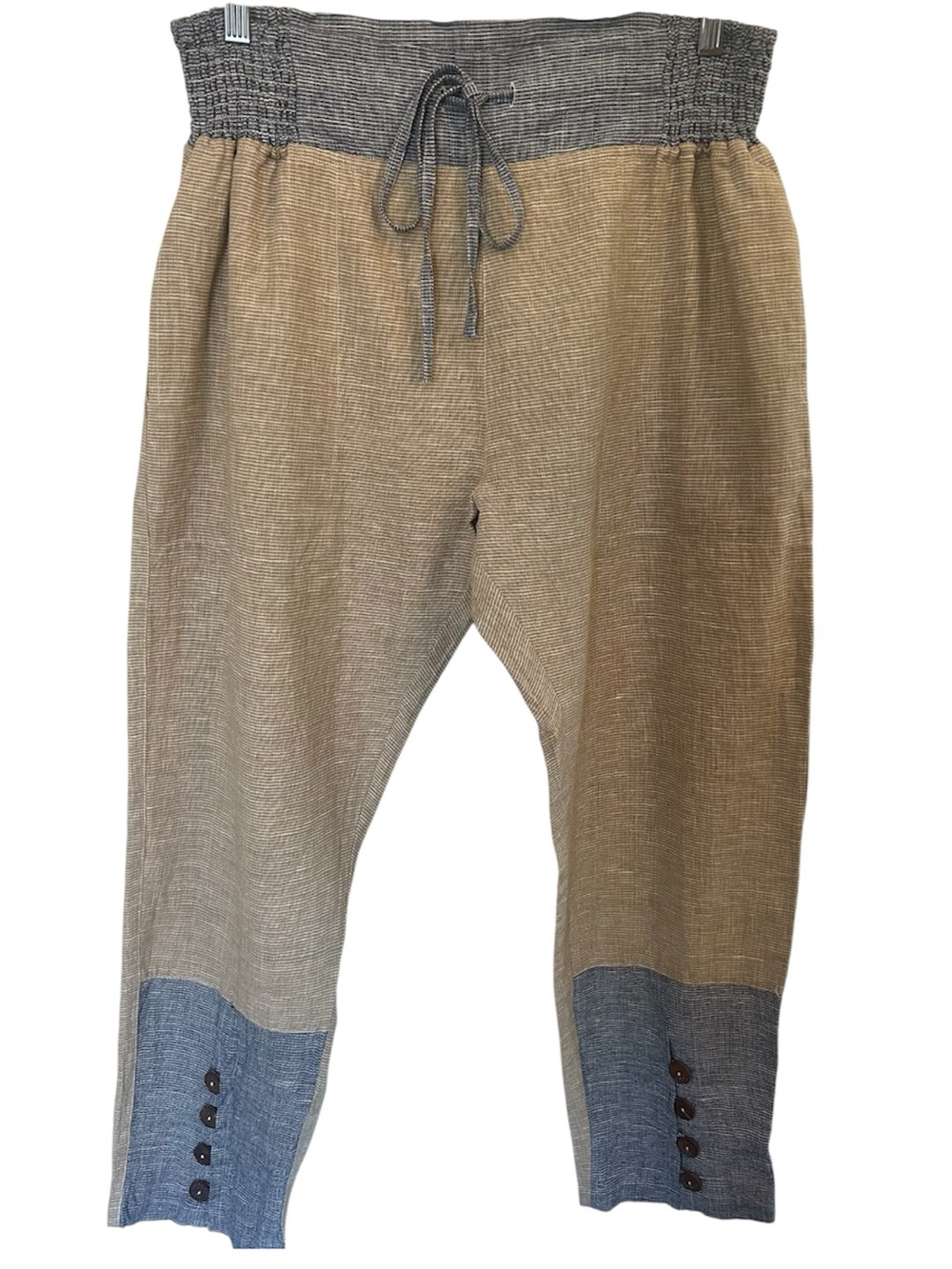 PAPER LACE Linen Lagenlook Two Tone Smocked Waist Folk Art Chinos Lightweight M